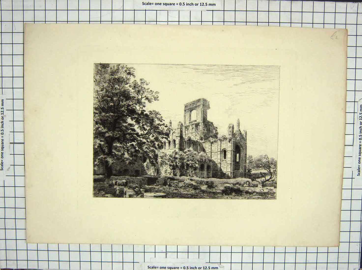 Original Old Antique Print Architecture Ruins Church Trees