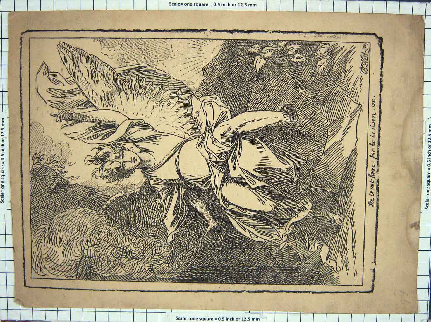 Original Old Antique Print Winged Man Sketch West Religion