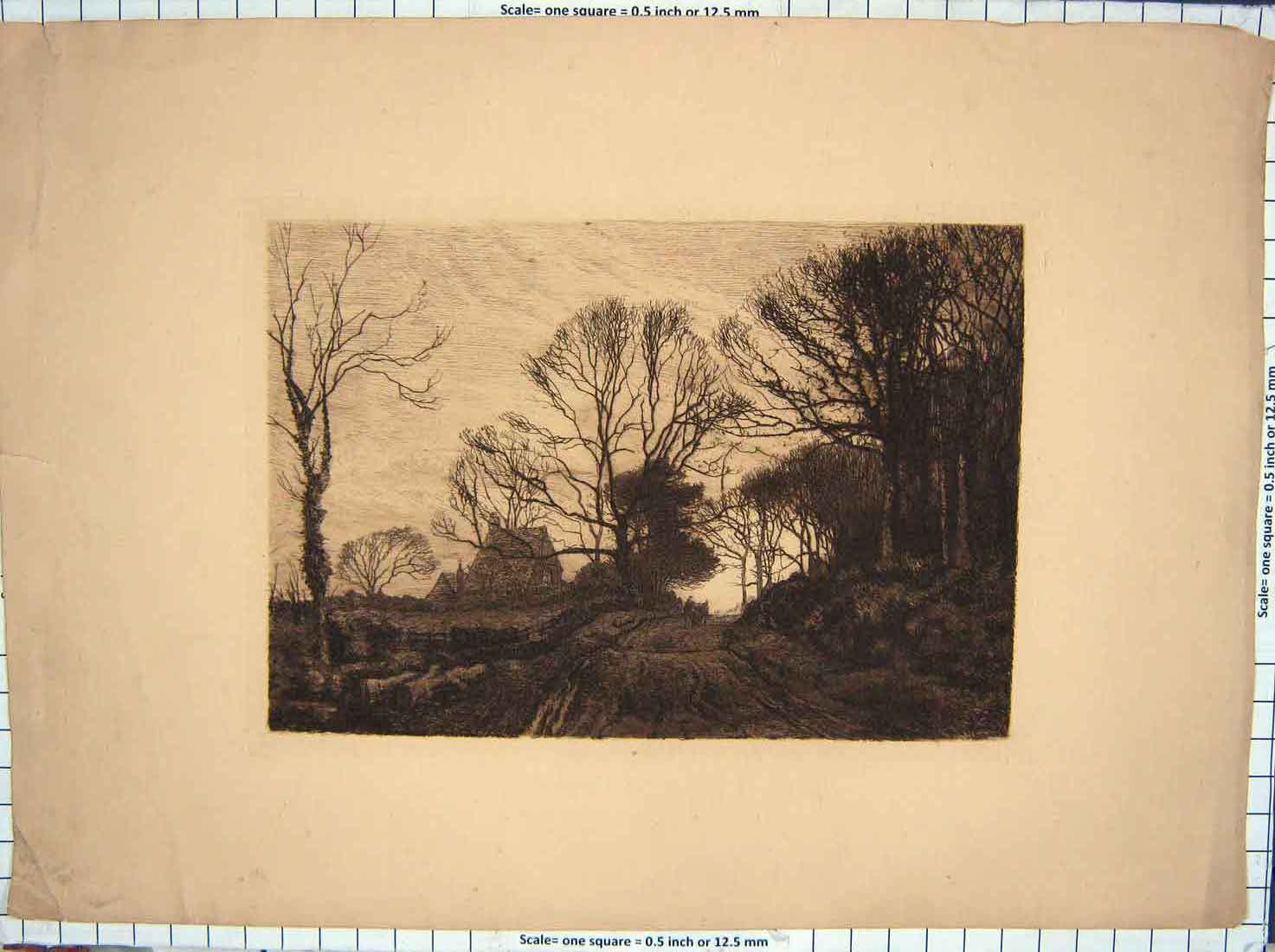 Original Old Antique Print Sepia Country Lane House Trees