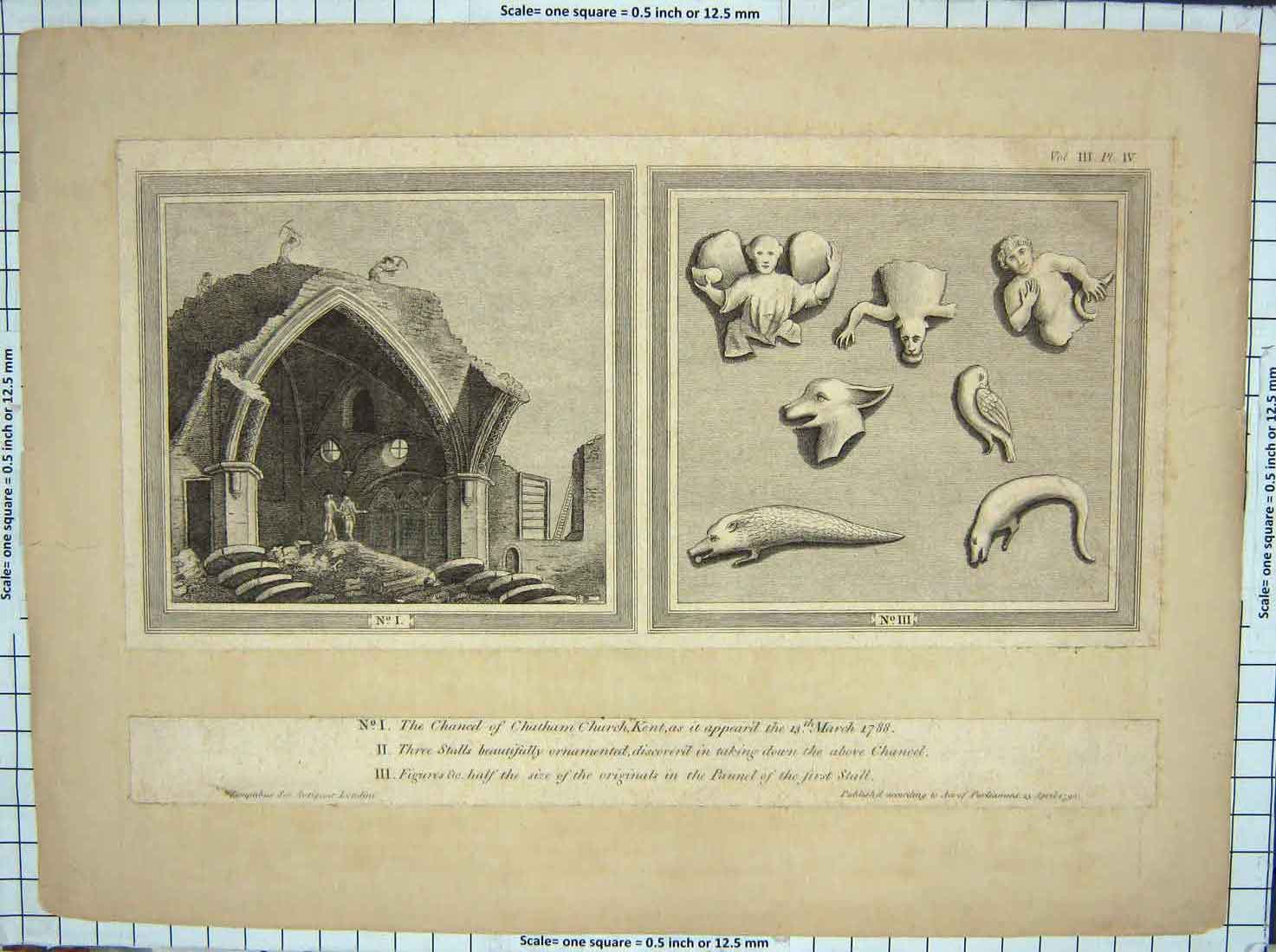 Old Antique Print Chancel Chatham Church Kent Figures Pannel First Stall