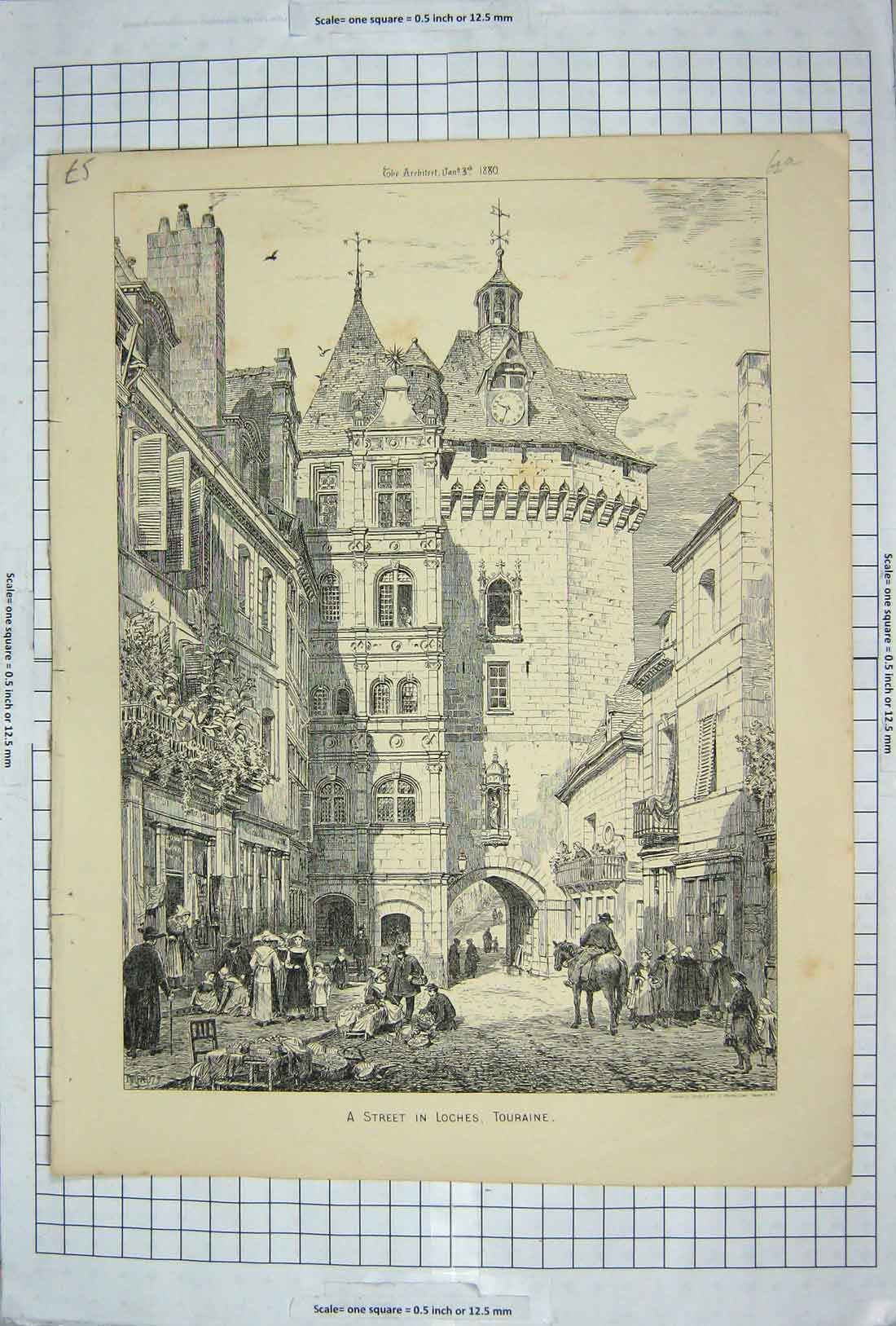 Original Old Antique Print 1880 Architecture Street Scene Loches Touraine 19th