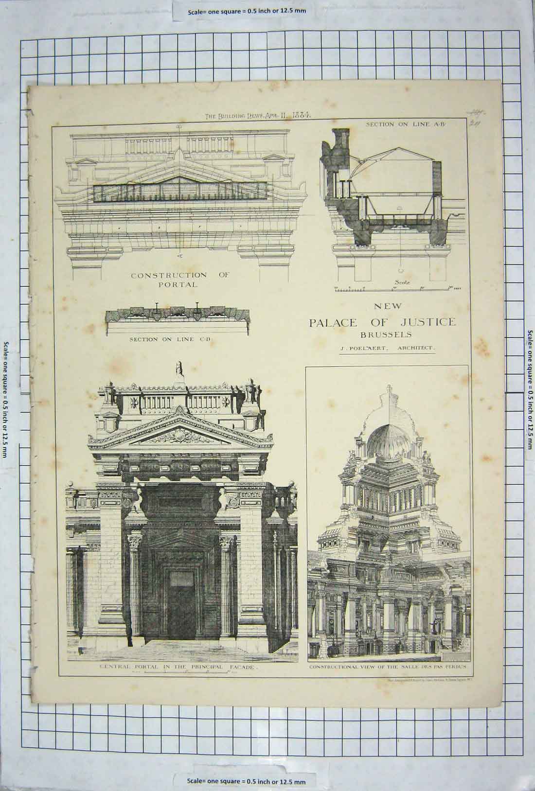 Old Antique Print 1884 Palace Justice Brussels Architecture Salle Perdus 19th