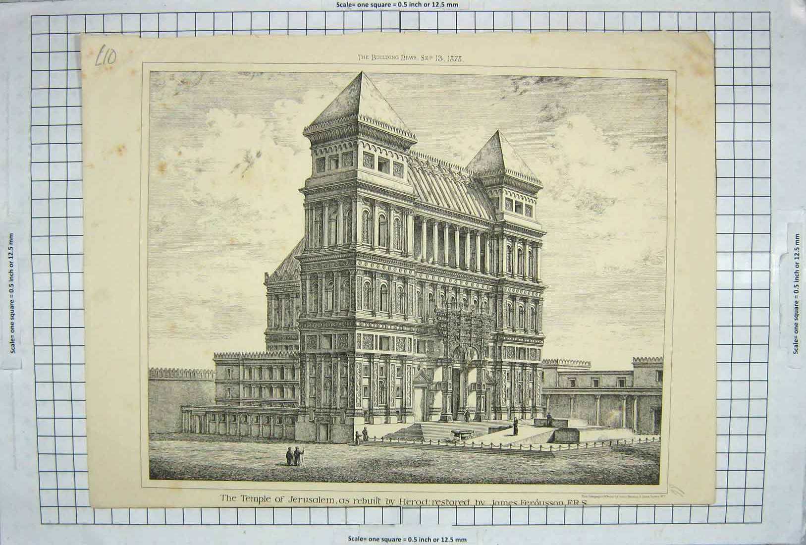 Original Old Antique Print 1878 Temple Jerusalem Herod Fergusson Architecture