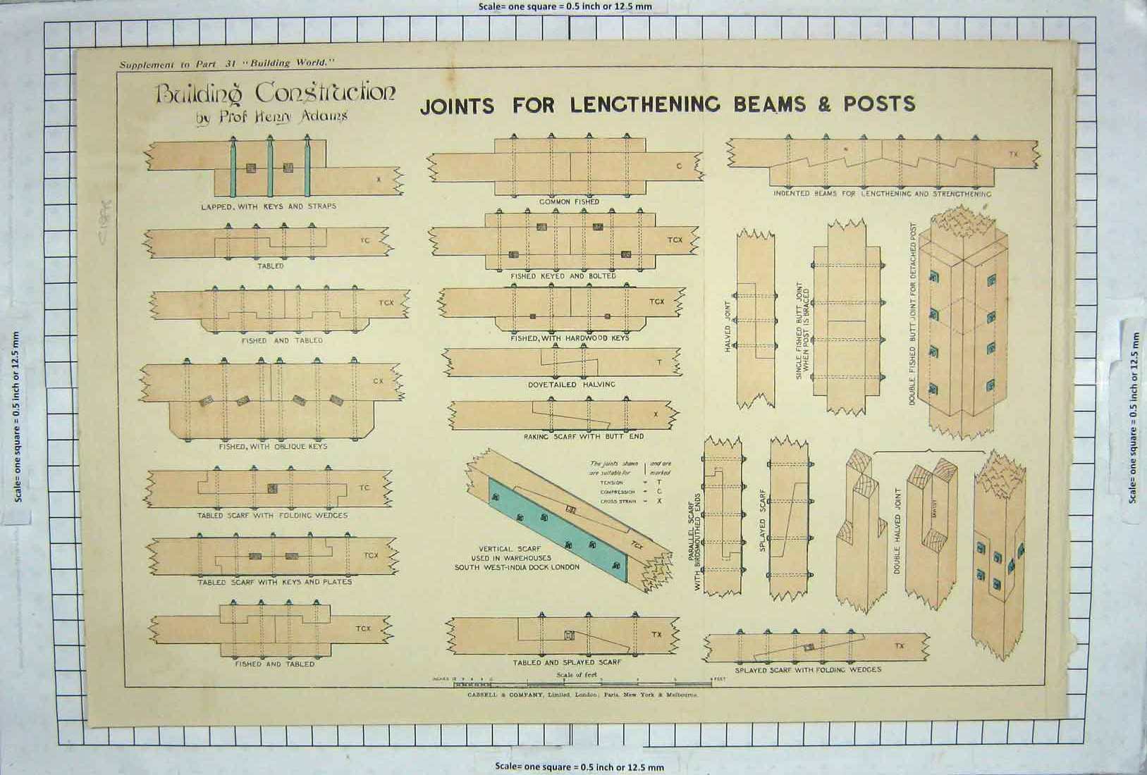 Original Old Antique Print Building Construction Joints Beams Post Wood Adams