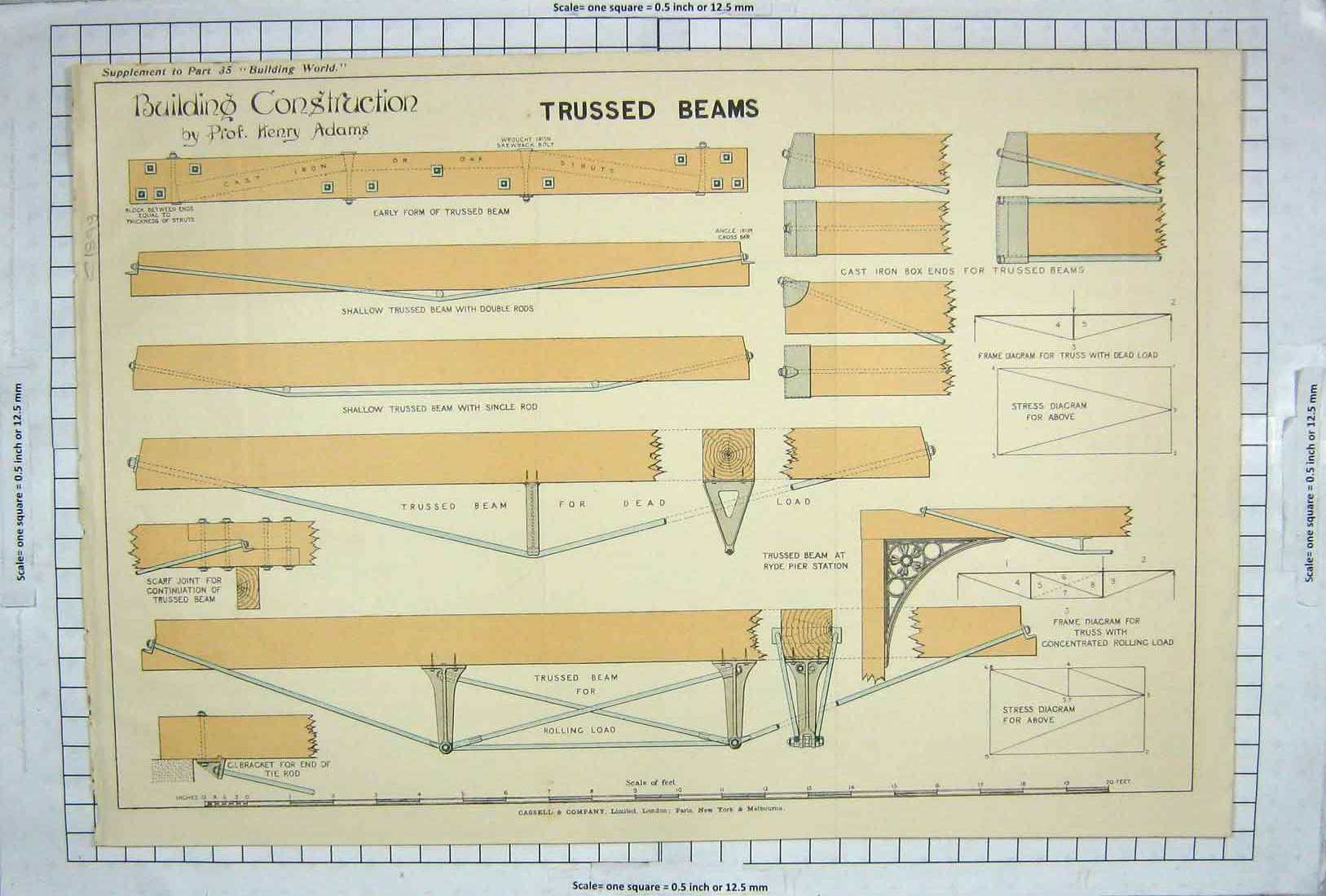 Original Old Antique Print Building Construction Trussed Beams Wood Henry Adams