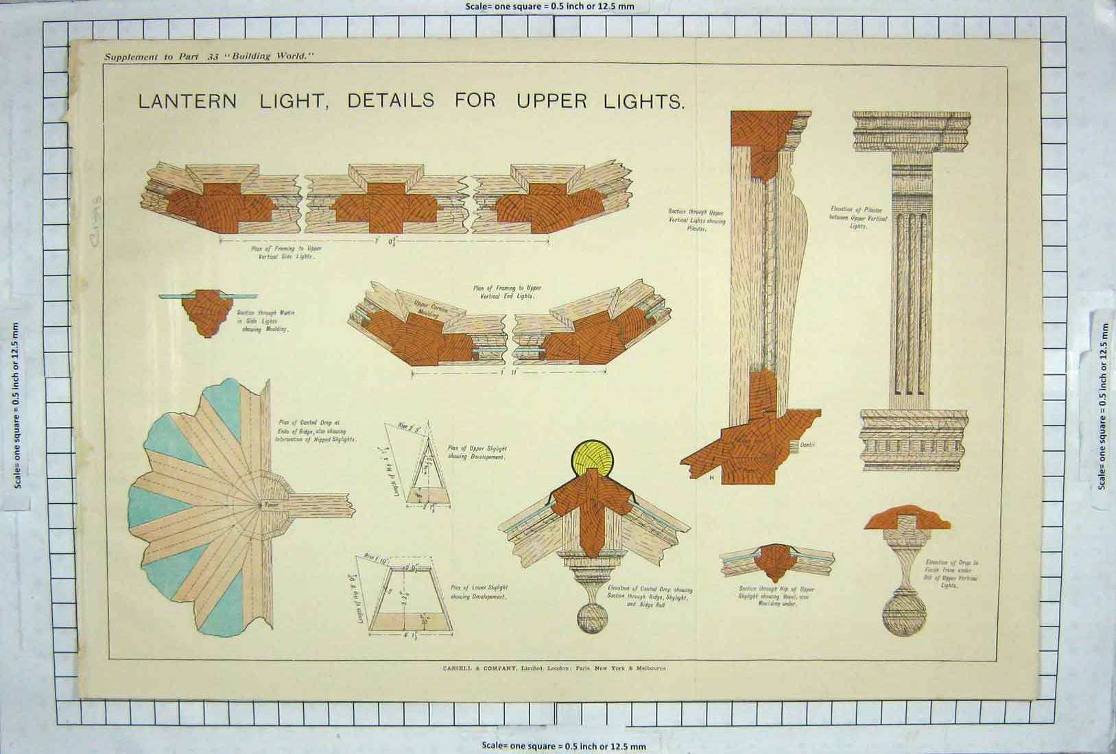 Original Old Antique Print Lantern Light Details Upper Lights Design Cassell
