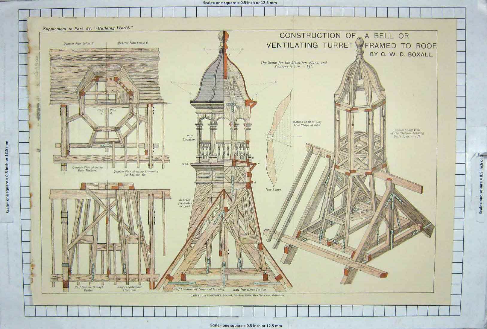 Original Old Antique Print Construction Ventilating Turret Framed RoBuilding
