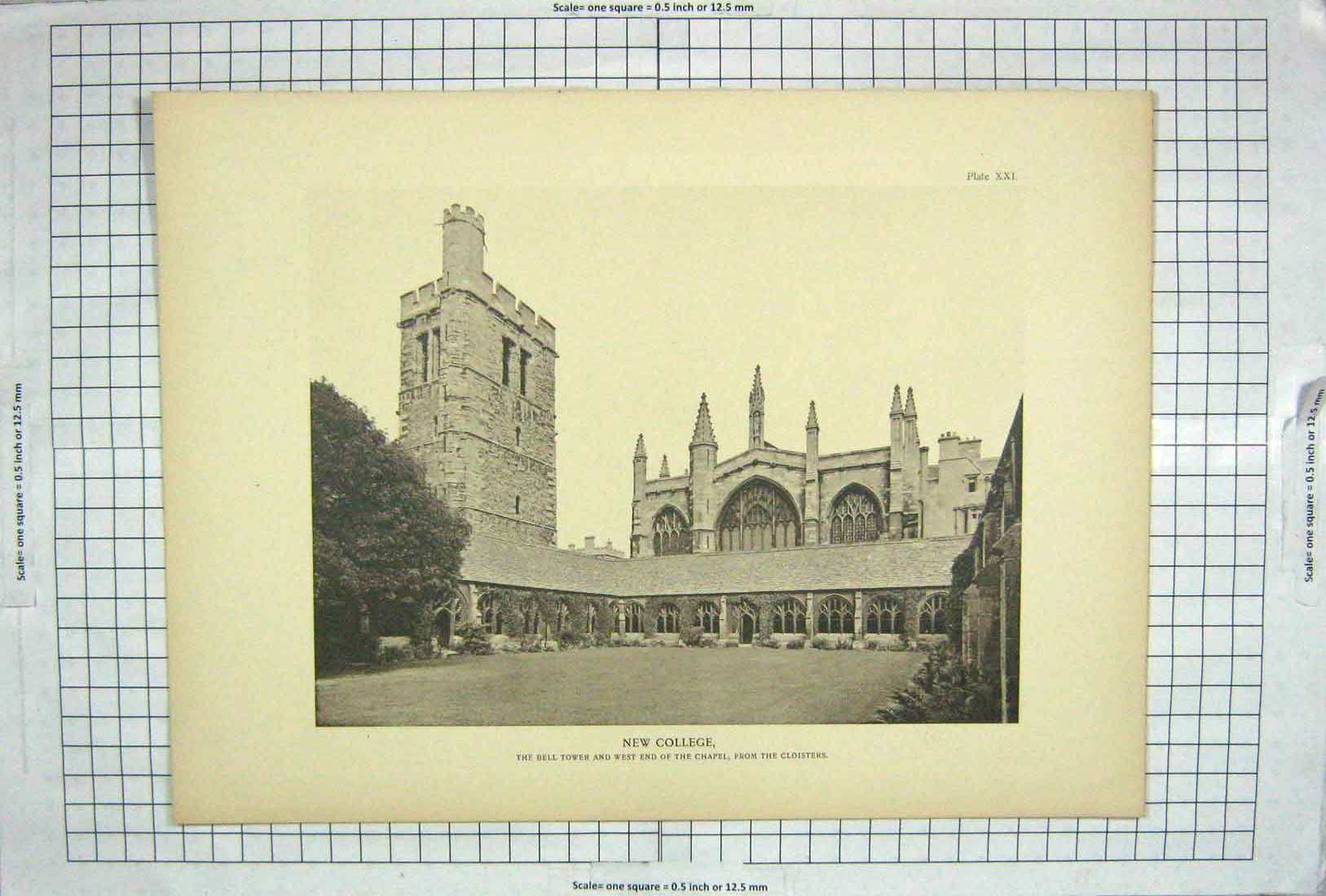 Original Old Antique Print Photograph New College Bell Tower Chapel Cloisters