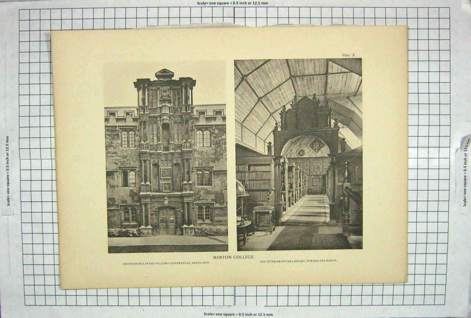Original Old Antique Print Merton College Fellows Quadrangle Library Photograph