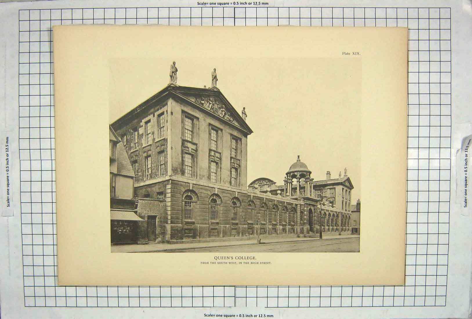 Original Old Antique Print Photograph Queen'S College Architecture