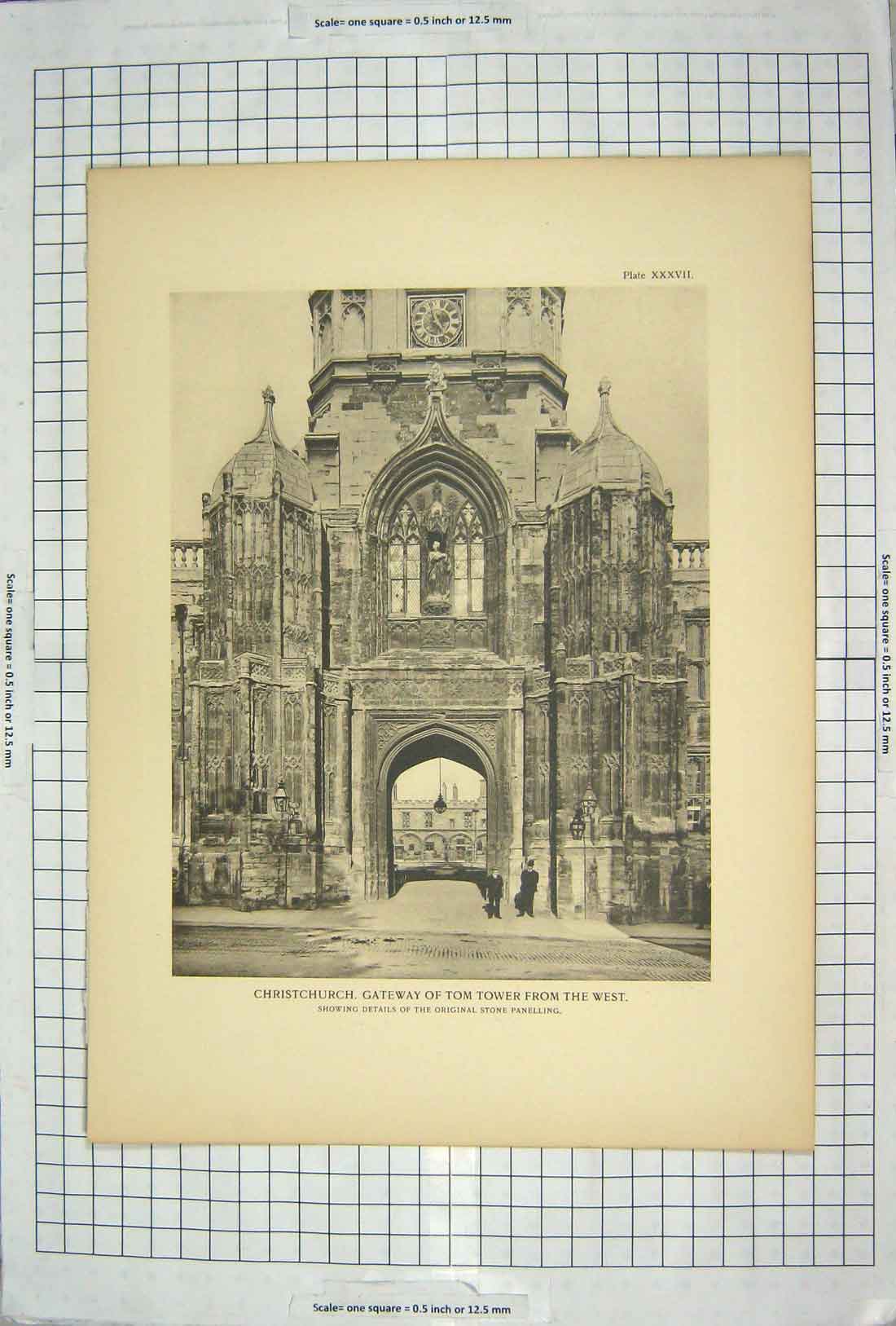 Original Old Antique Print Christchurch Gateway Tom Tower Architecture