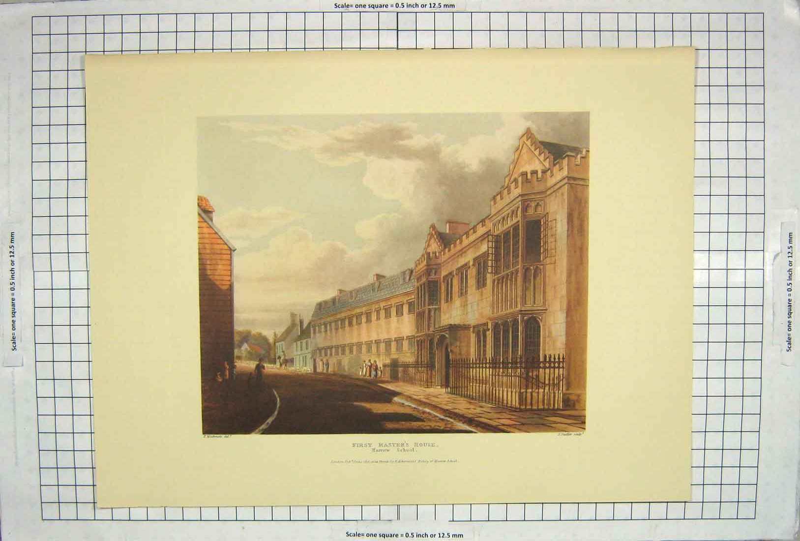 Original Old Antique Print Harrow School First Master'S House 1817 Architecture