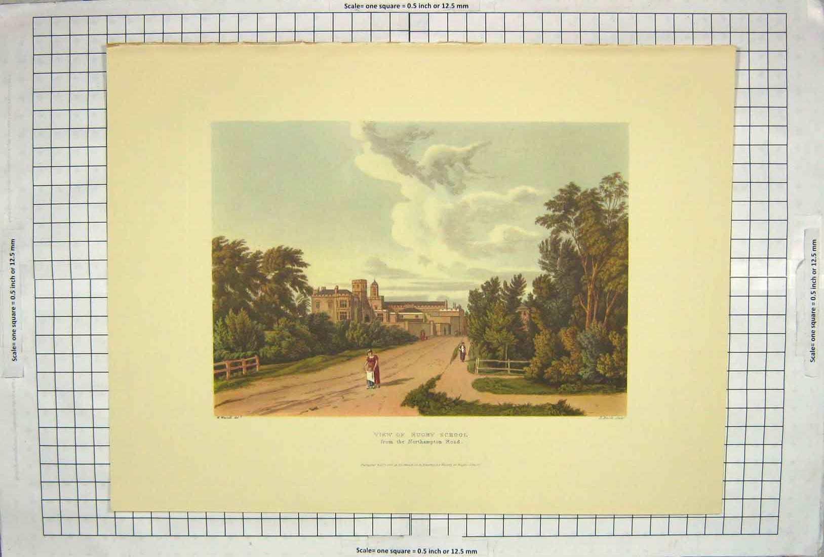 Antique Old Print Ref.962 1816 View Rug School Northampton Road Architecture