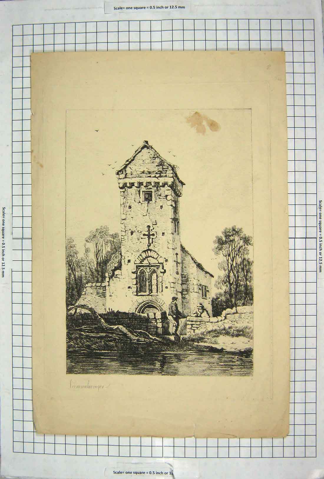 Original Old Antique Print Architecture Church Men Meeting 20th Century