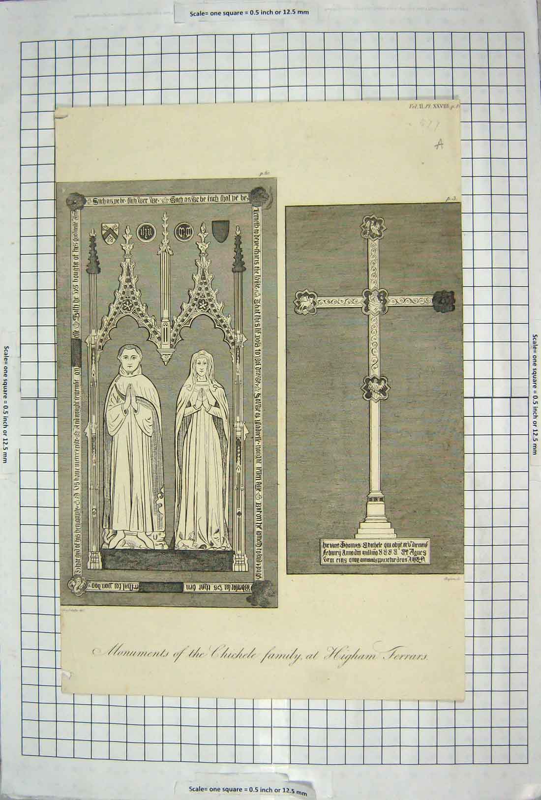 Original Old Antique Print Monuments Chichele Family Higham Ferrars 20th