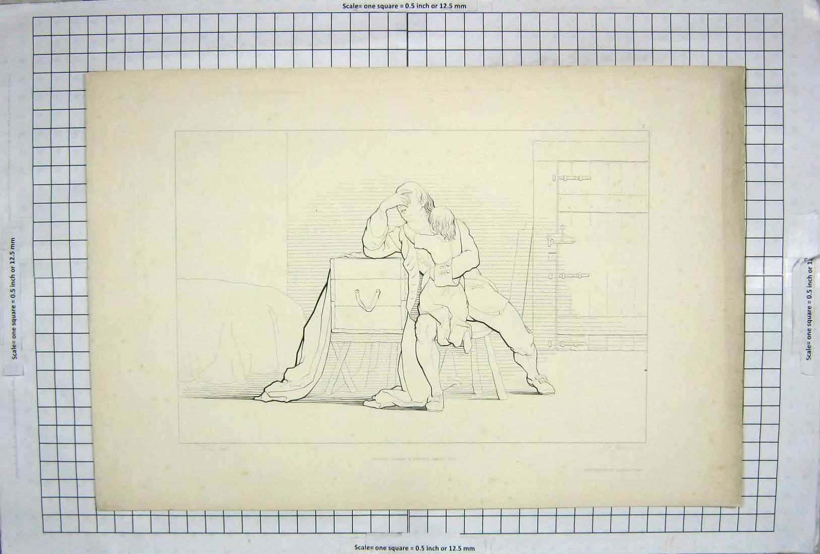 Original Old Antique Print Sketch 1846 Gertrude Climbed Widowed Dads Knee 19th