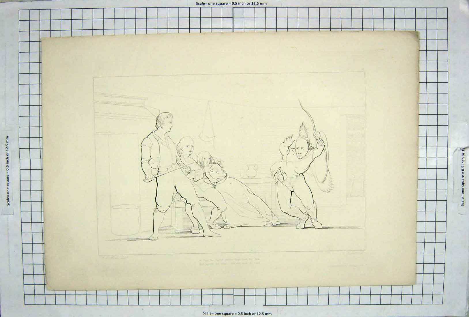Original Old Antique Print 1846 Men Weapons Duel Lady Woman 19th