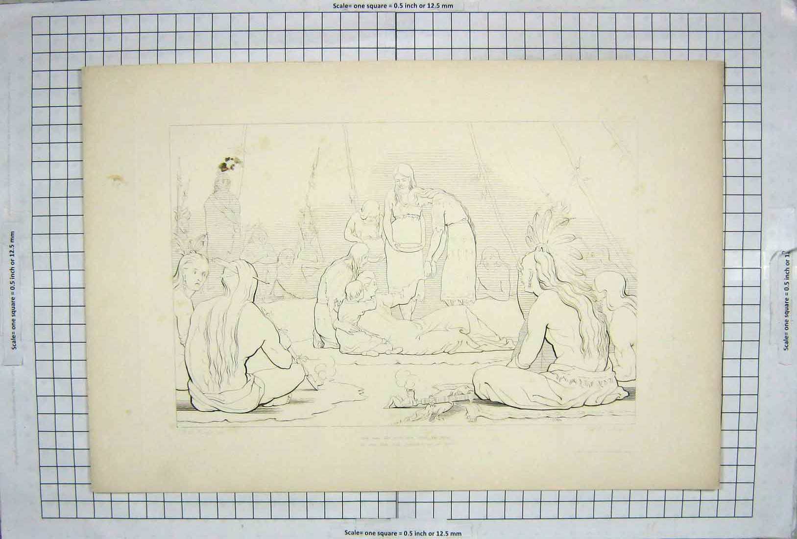 Original Old Antique Print Indians Teepe Tent 1846 19th Century