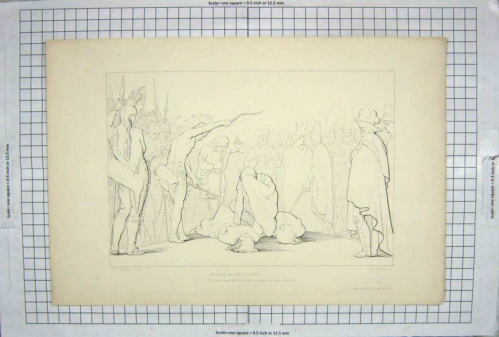 Original Old Antique Print Murder Scene People 1846 Art Union London Victorian