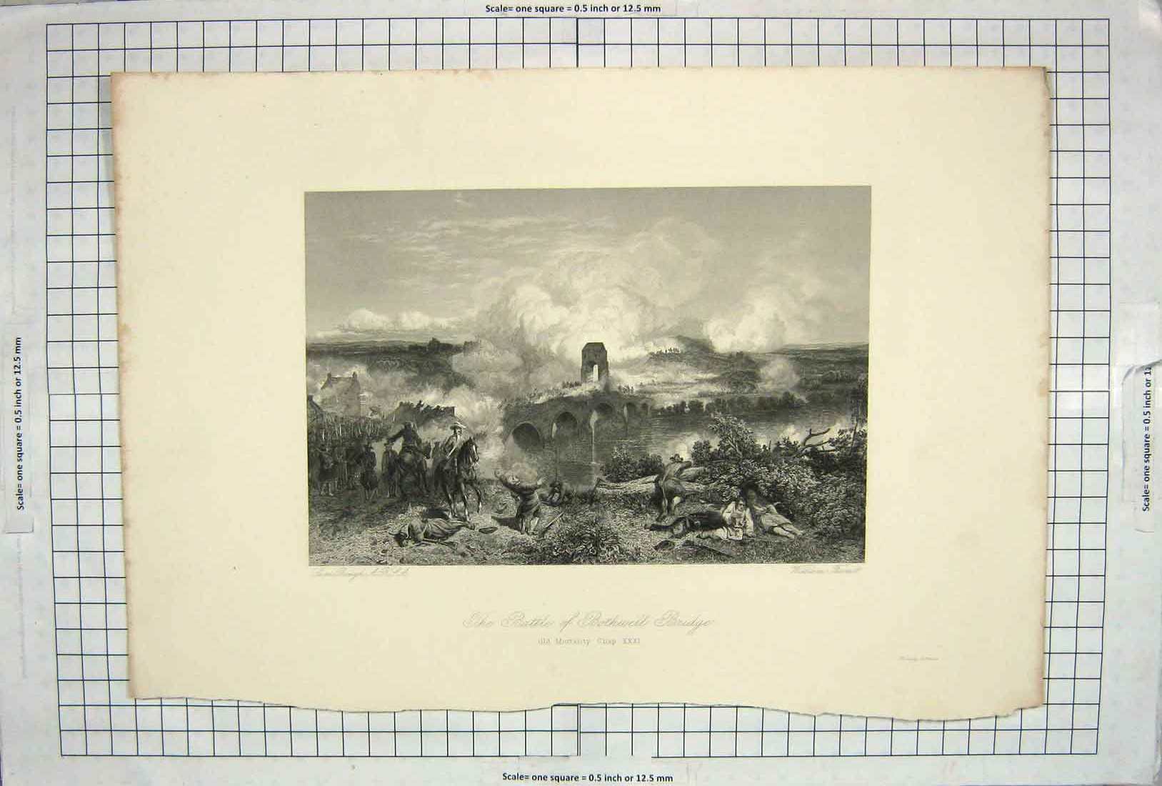 Original Old Antique Print Battle Bothwell Bridge Siers War Forrest Bough