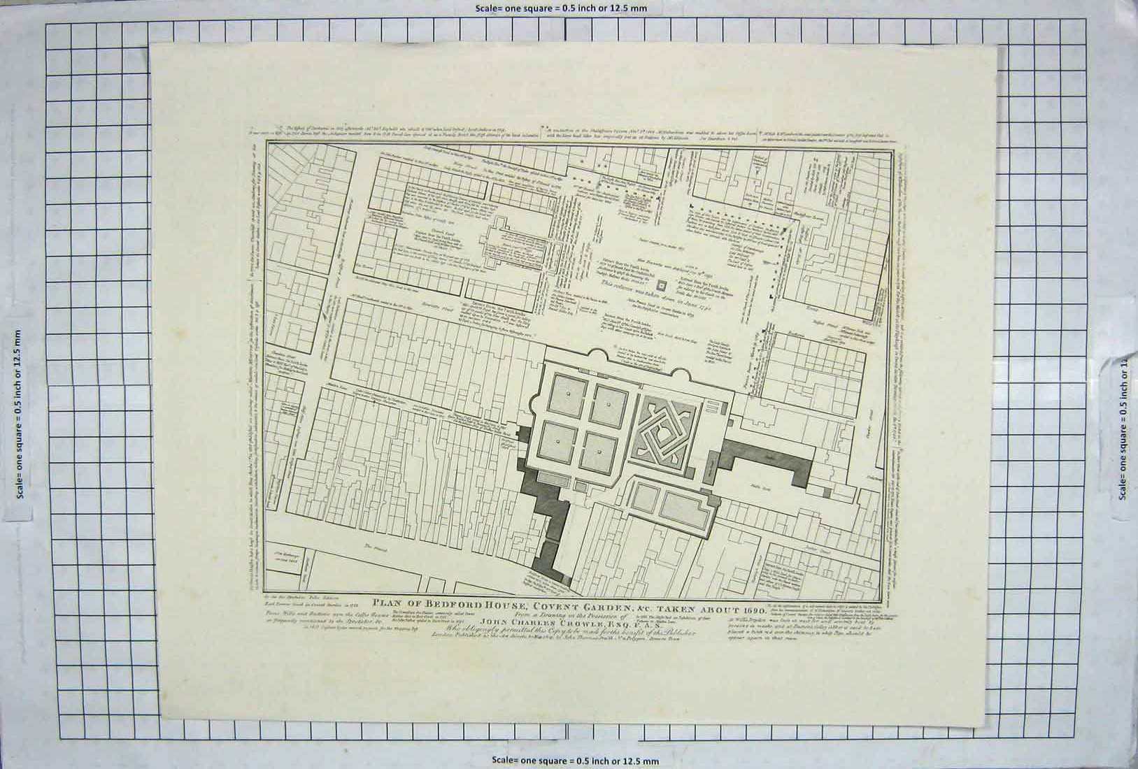 Original Old Antique Print Plan Bedford House Covent Garden John Charles Crowle