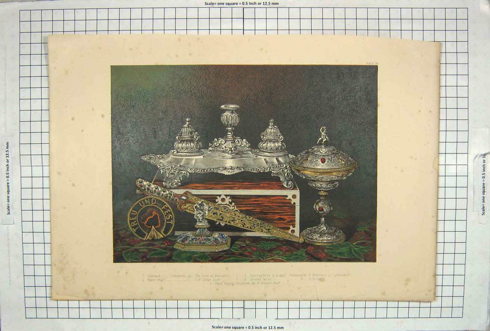 Original Old Antique Print Inkstand Duke Newcastle Paper Weight Hunting