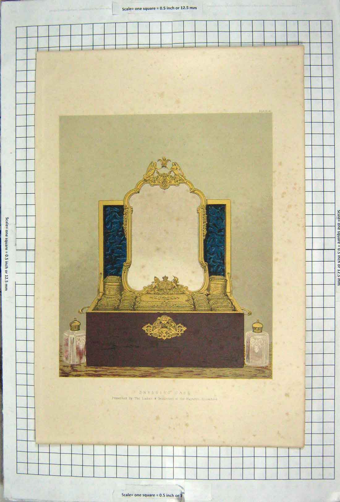 Original Old Antique Print Dressing Case Ladies Gentlemen Queen HousehColour