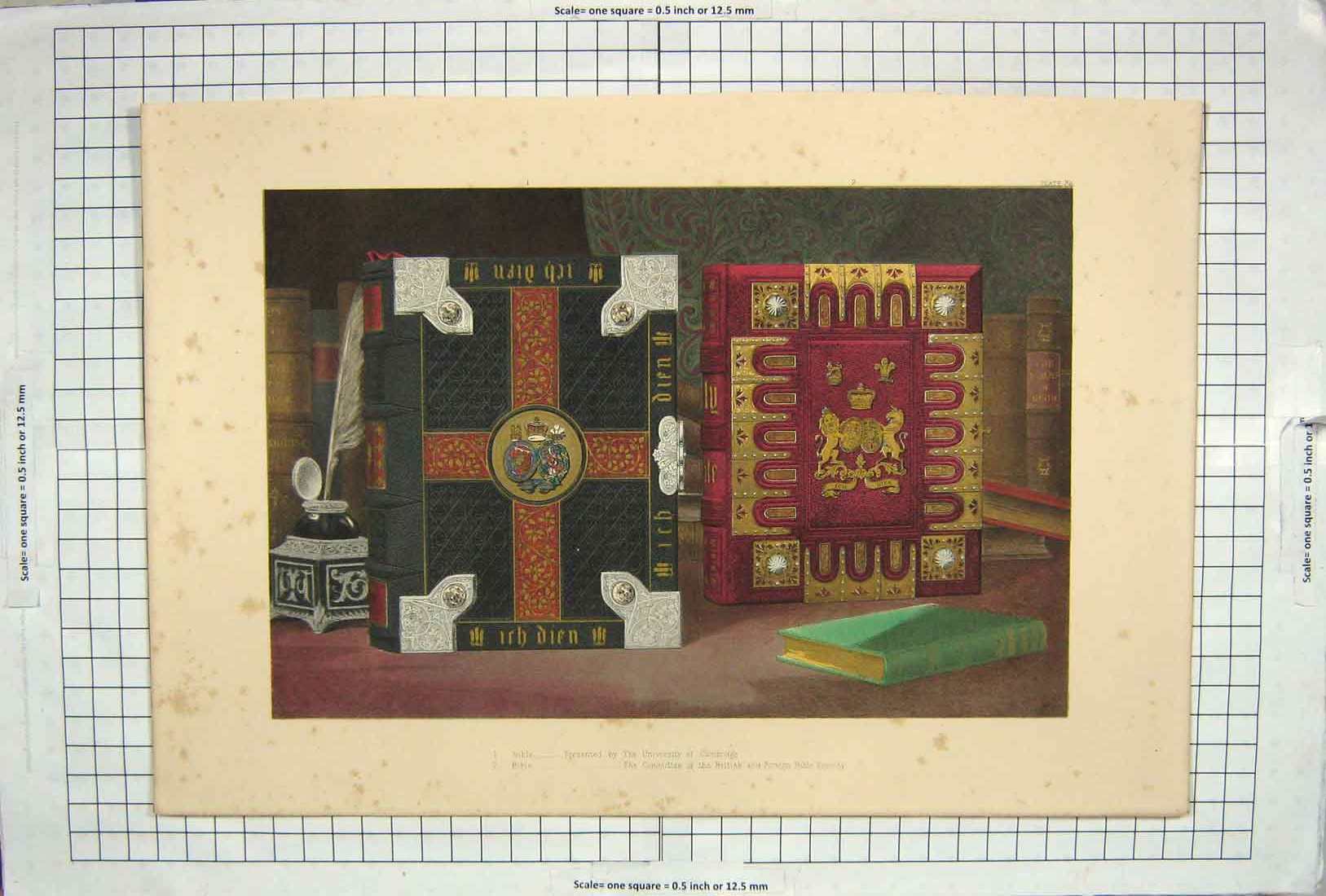 Original Old Antique Print Bible University Cambridge British Society Colour