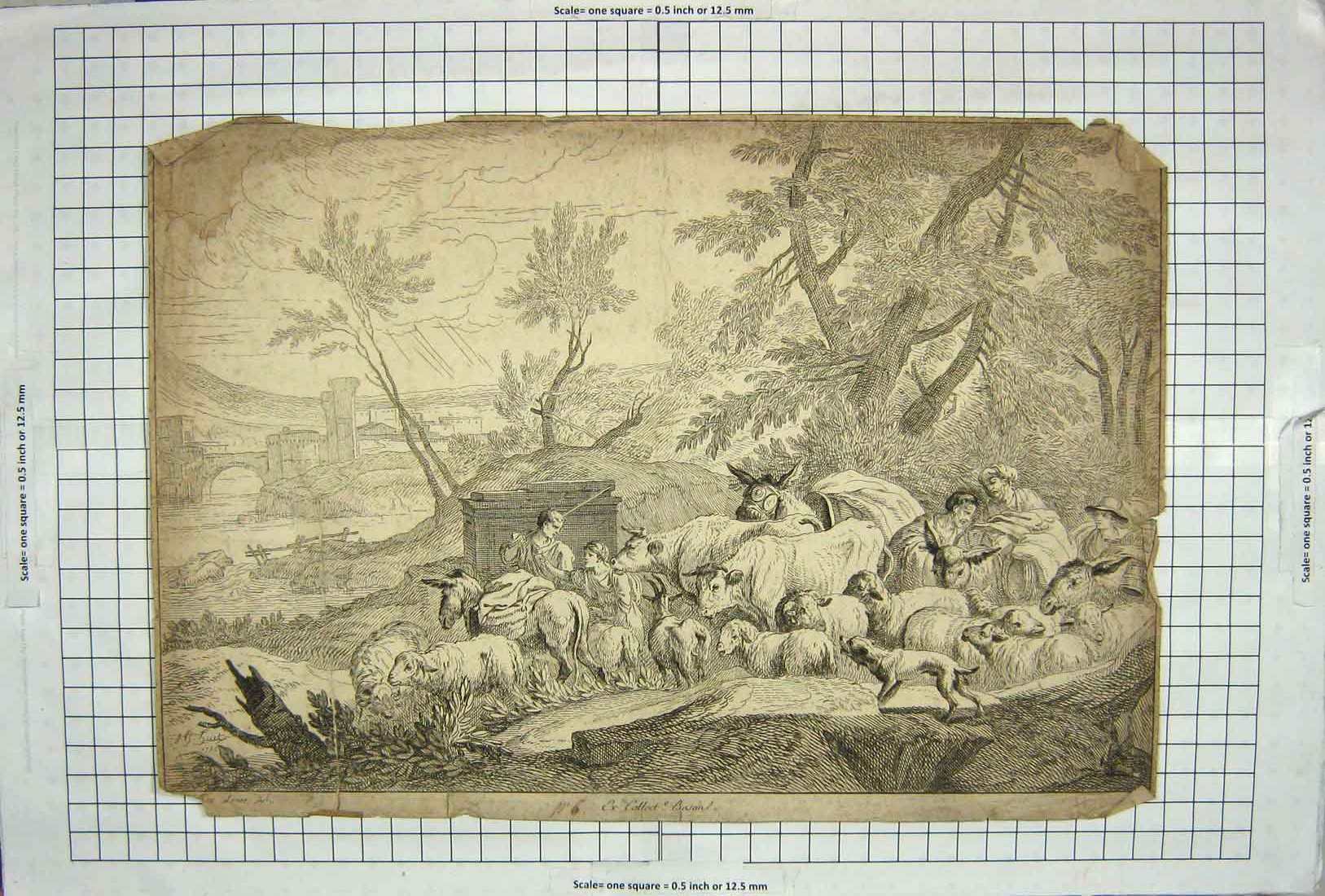 Original Old Antique Print Sheep Cows Horses Animals River Bridge