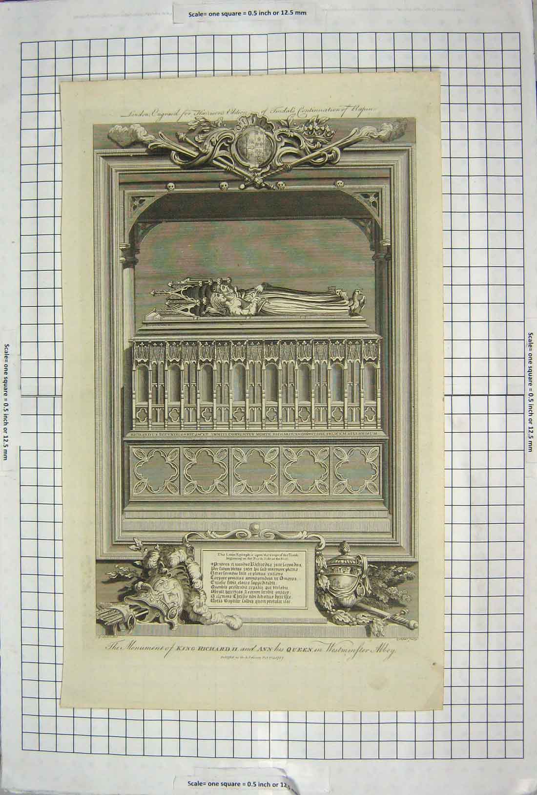 Original Old Antique Print Monument King Richard Ann Queen Westminster Abbey