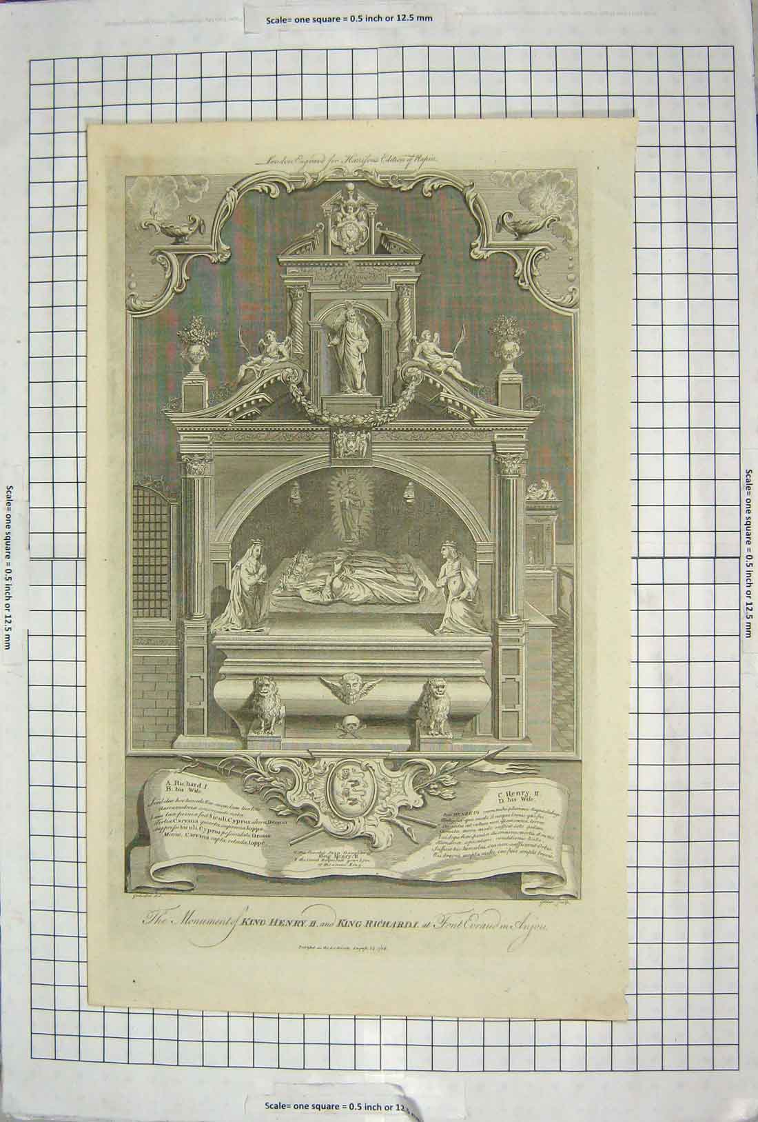 Original Old Antique Print Monument King Henry Ii Richard Front Evraud Anjou