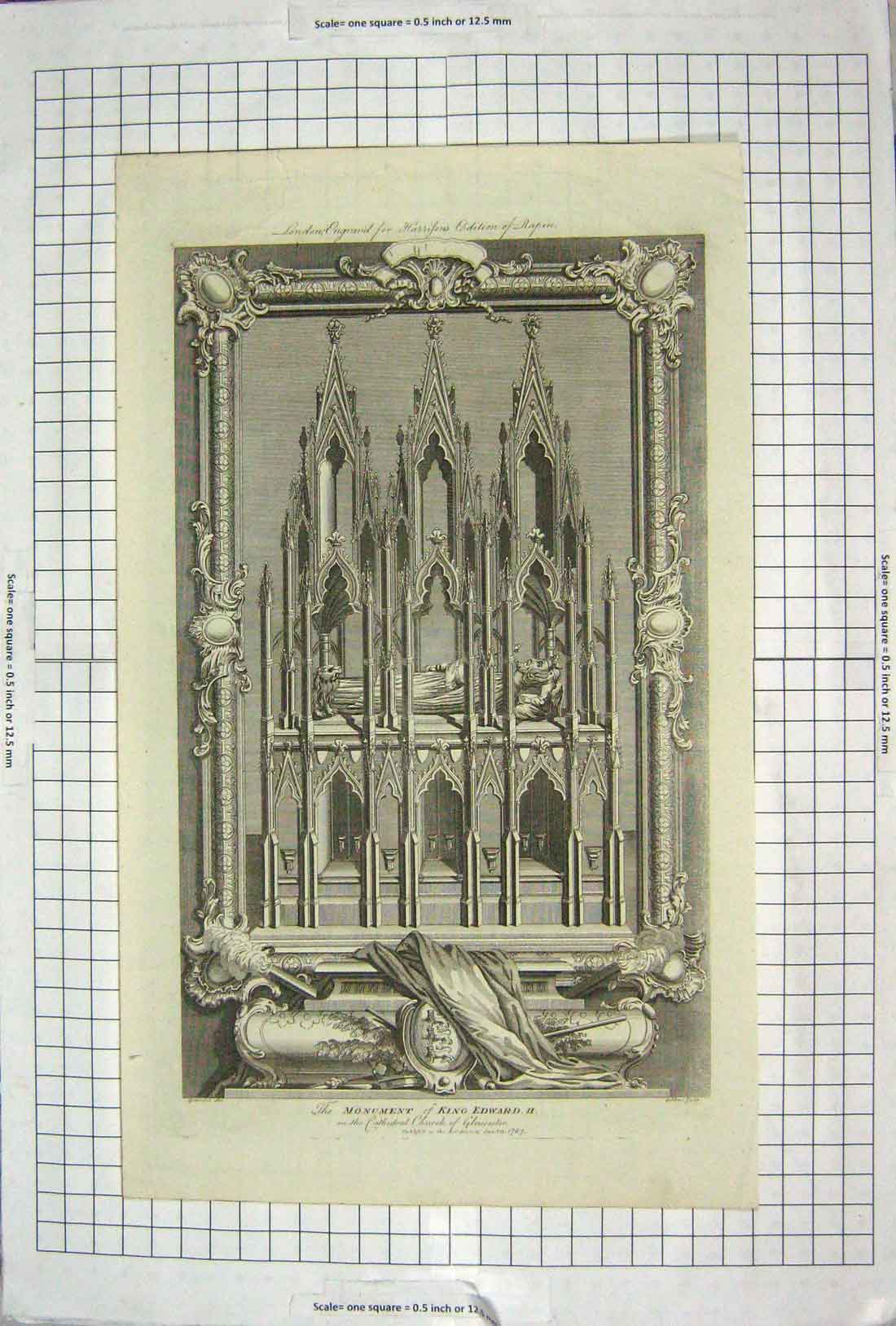 Original Old Antique Print 1787 Monument King Edward Cathdral Church Gloucester