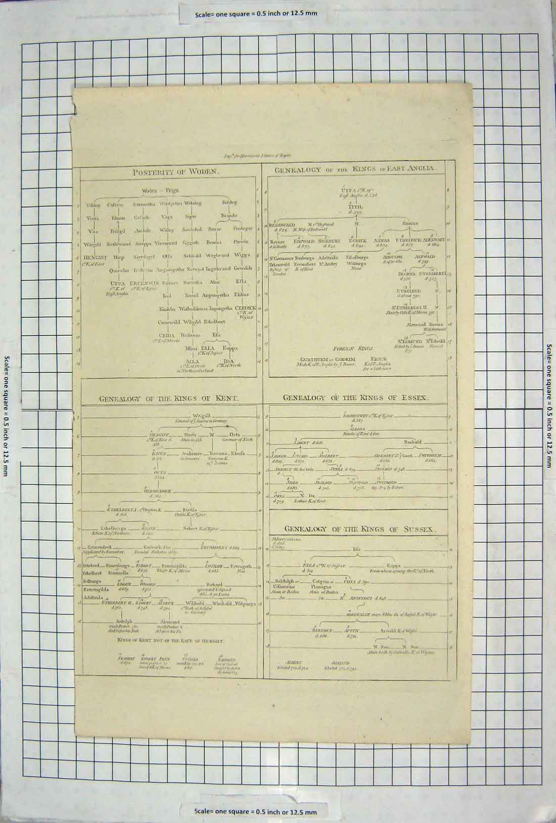 Original Old Antique Print Genealogy Kings Kent Essex Anglia Woden Family Tree