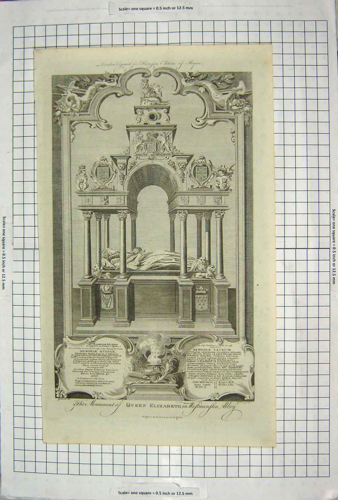 Original Old Antique Print Monument Queen Elizabeth Westminster Abbey 1786 18th