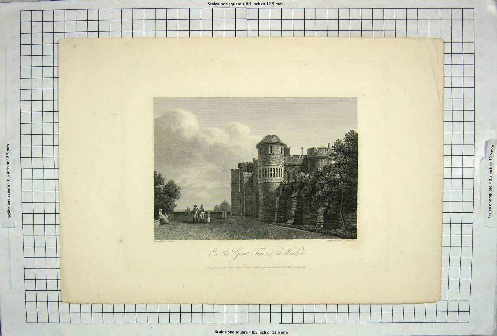 Old Antique Print 1803 Great Terrace Windsor London Castle Architecture 19th
