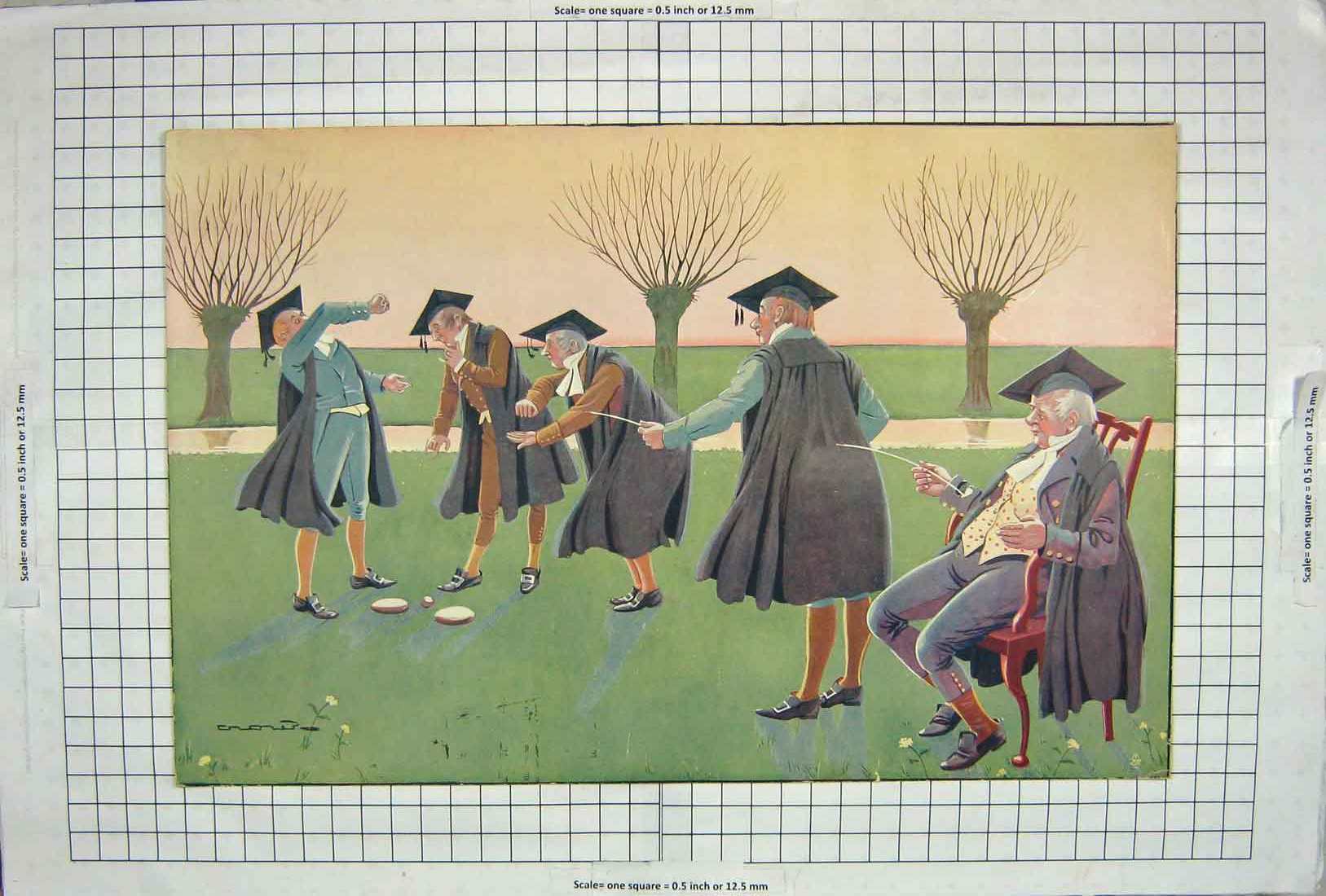 Original Old Antique Print Colour Teacher Men Playing Game Sport