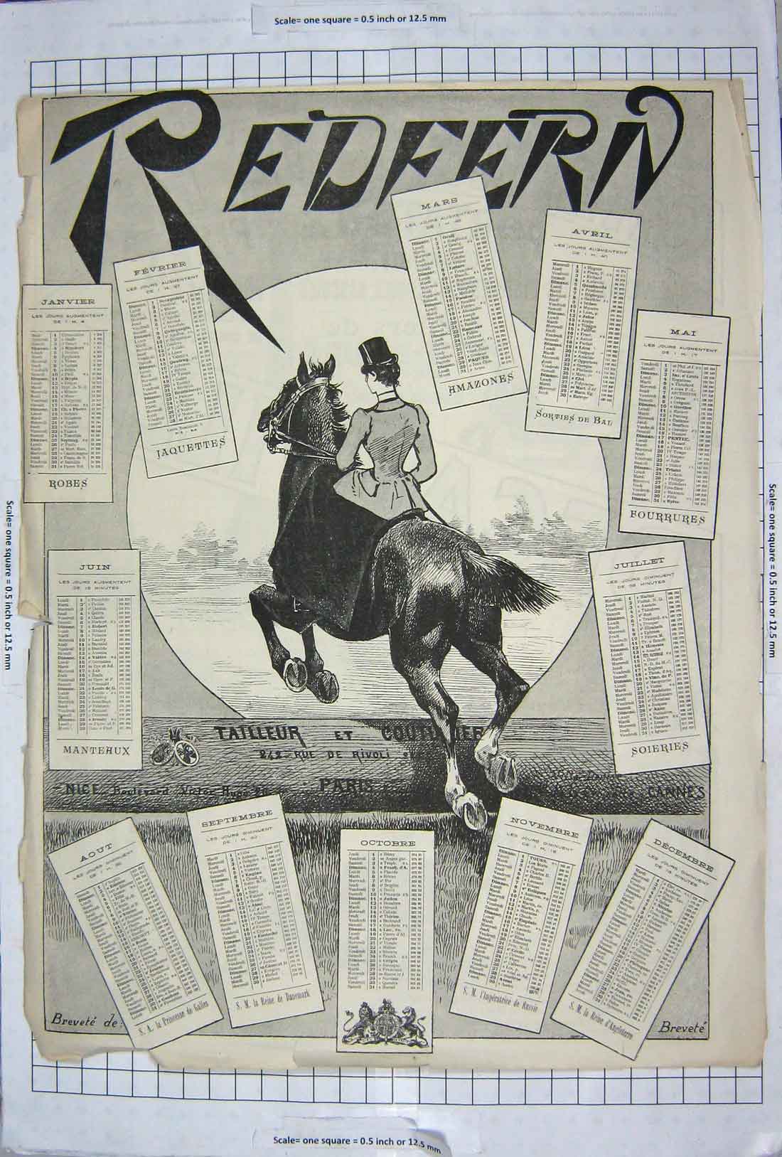 Original Old Antique Print French Yearly Callendar Lady Horse Chemins De Fer
