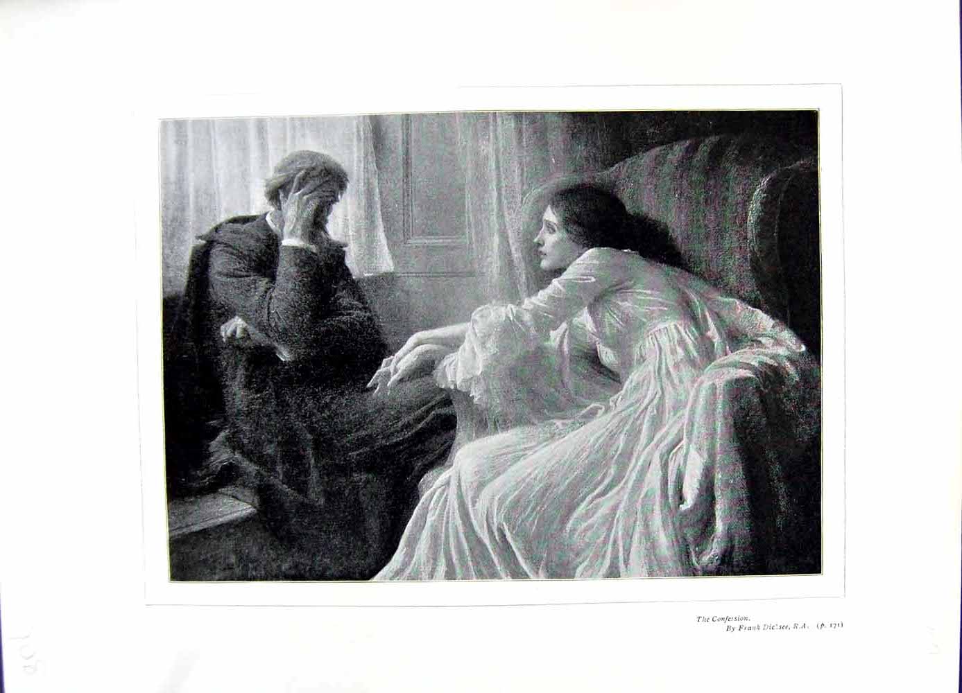 Original Old Antique Print 1896 Art Journal Confession Lady Man Dicksee 19th