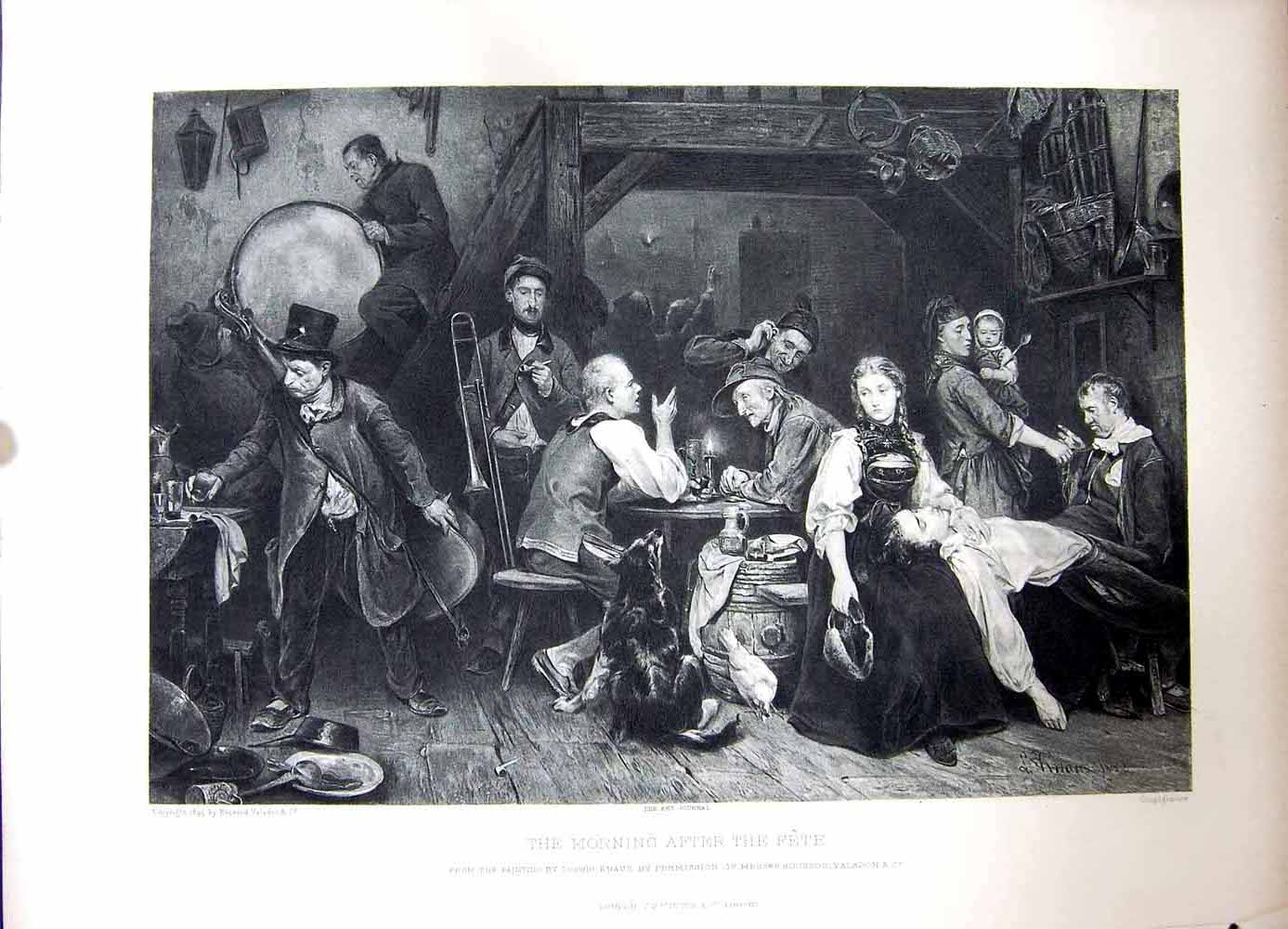 Old Antique Print 1896 Art Journal Men Drinking Table Music Ludwig Knaus 19th