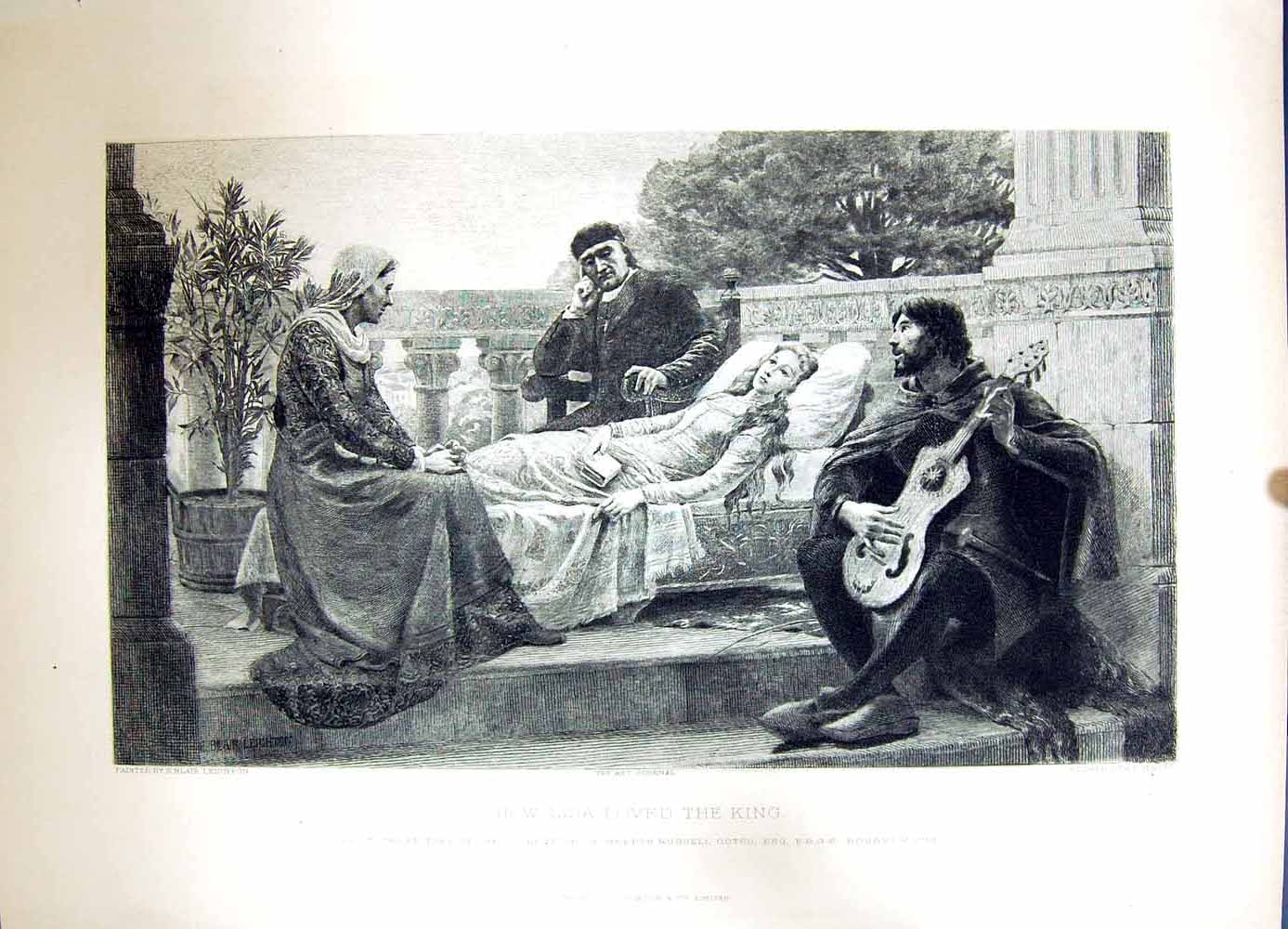 Original Old Antique Print 1896 Art Journal Sick Girl Music Man Masse Leighton