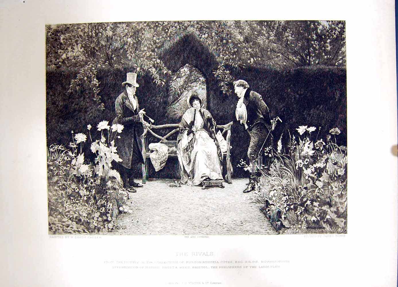Original Old Antique Print 1896 Art Journal Romance Rivals Garden James Dobie