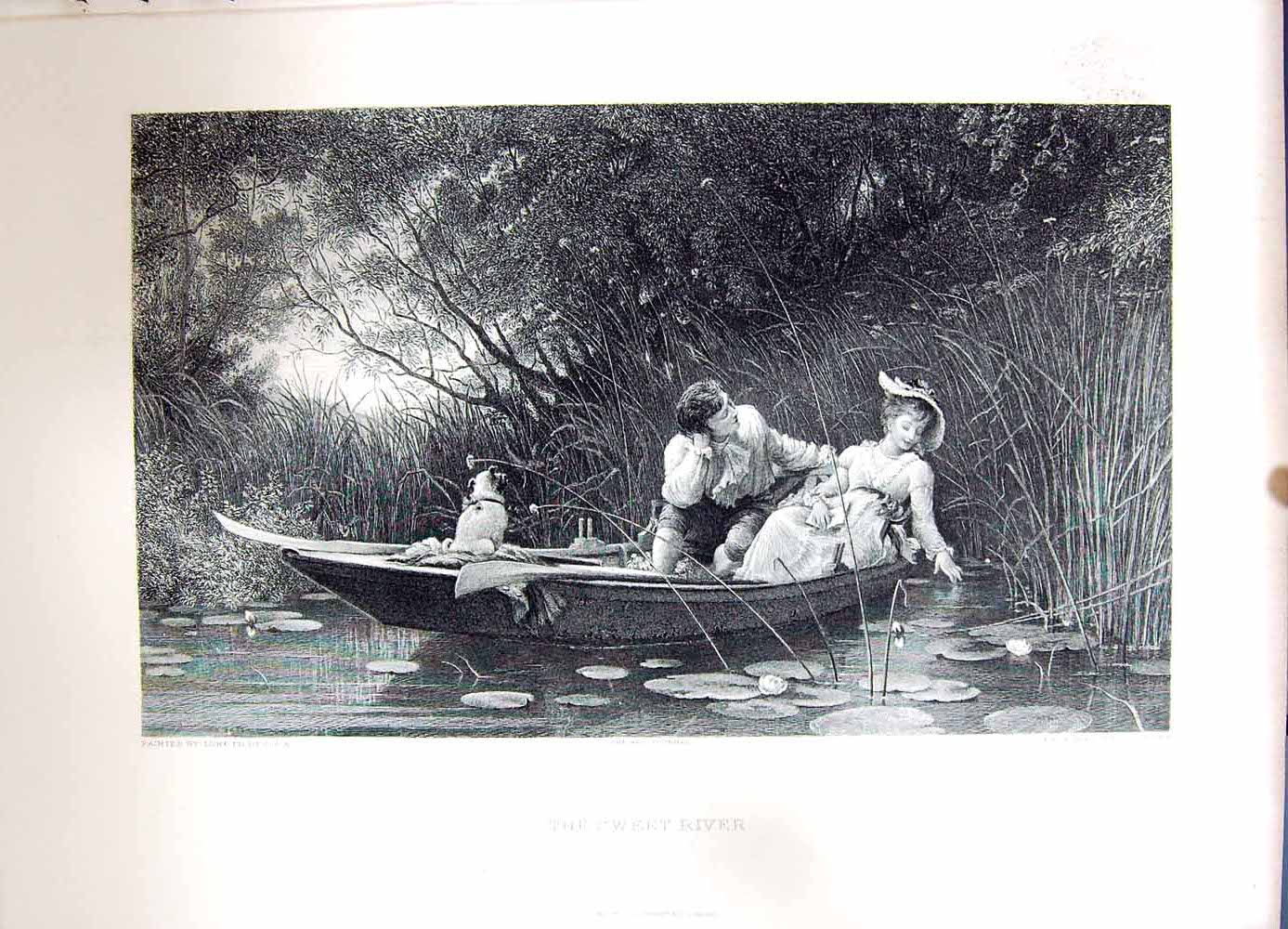Old Antique Print 1896 Art Journal River Boat Romance Cousen Luke Fields 19th