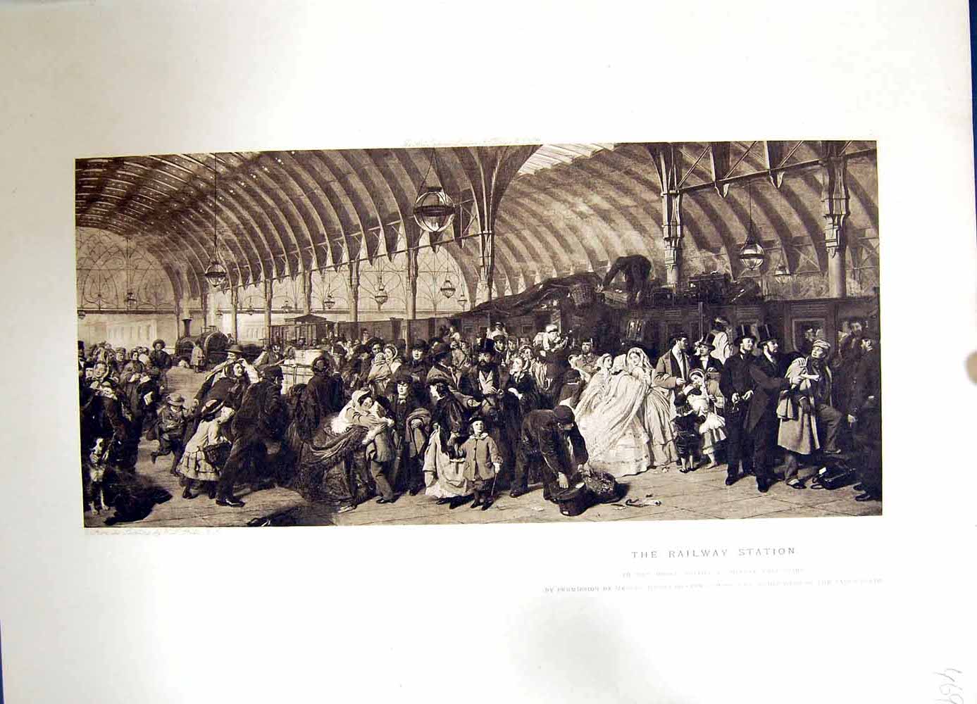 Original Old Antique Print 1896 Art Journal Railway Station Passengers Train