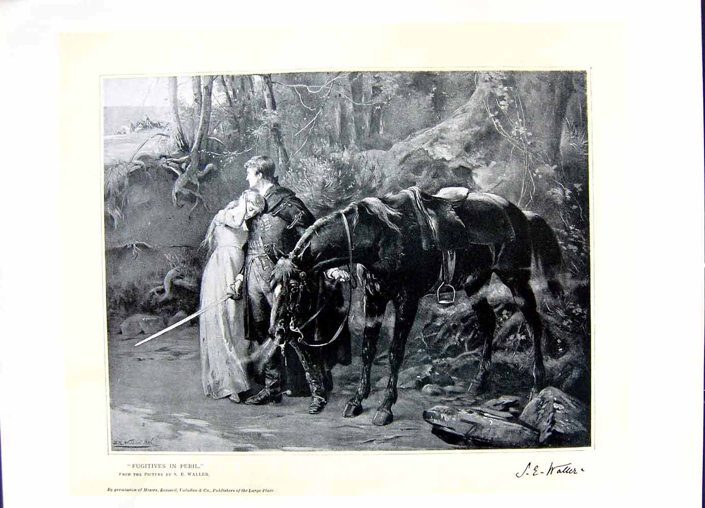 Original Old Antique Print 1896 Art Journal Fugitives Lady Man Romance Horse