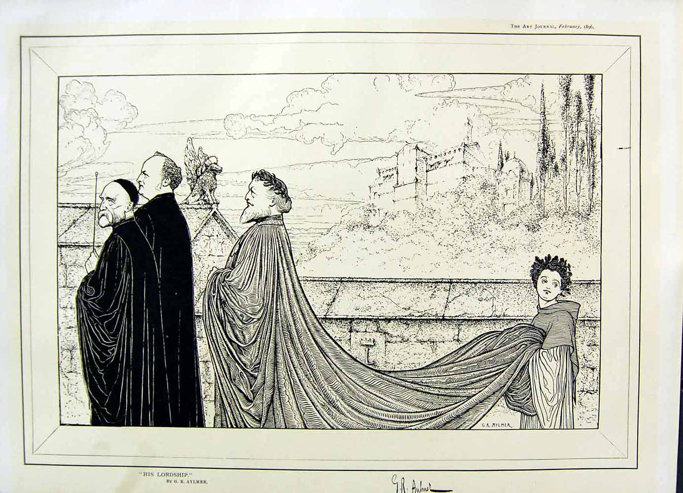 Original Old Antique Print 1896 Art Journal Lordship Servant Boy Cloak Aylmer
