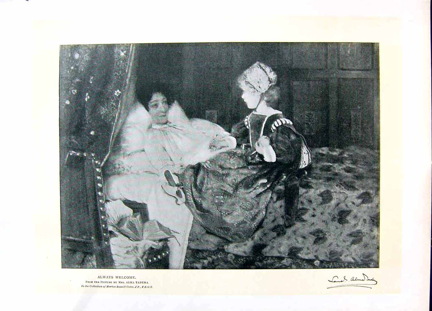 Original Old Antique Print 1896 Art Journal Alma Tadema Woman Bed Little Girl