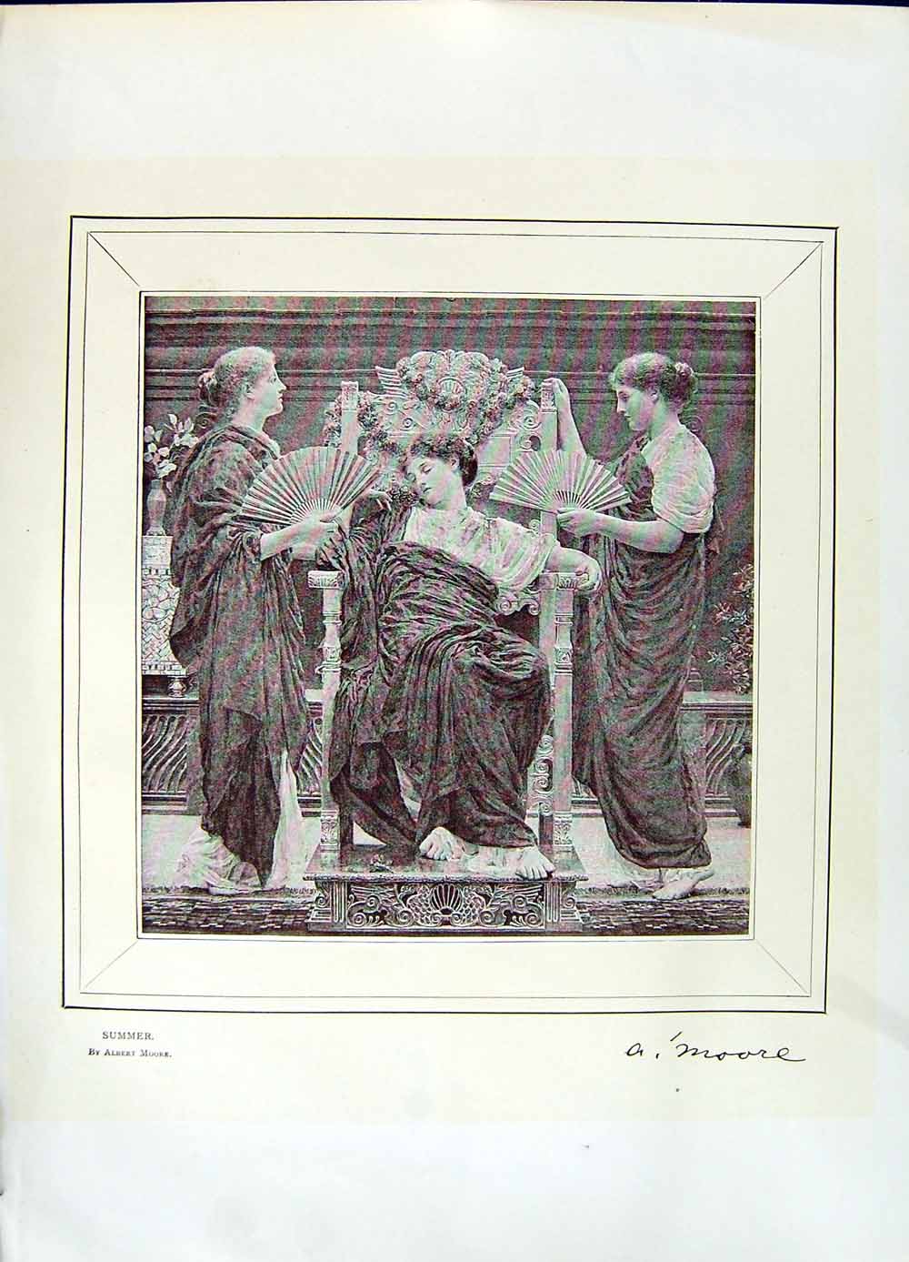 Original Old Antique Print 1896 Art Journal Albert Moore Summer Ladies Fan 19th