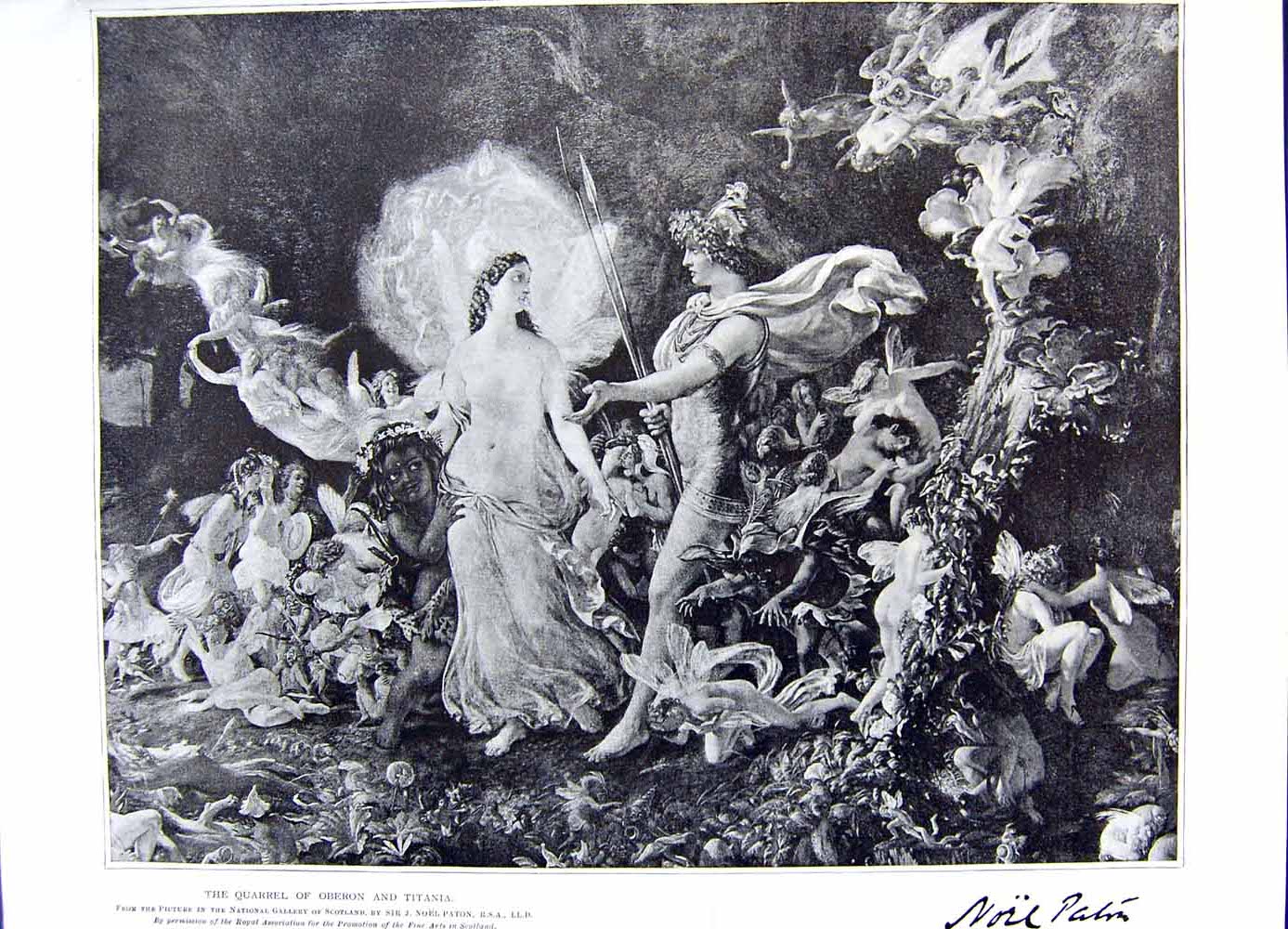 Original Old Antique Print 1896 Art Journal Scene Quarrel Oberon Titania Paton