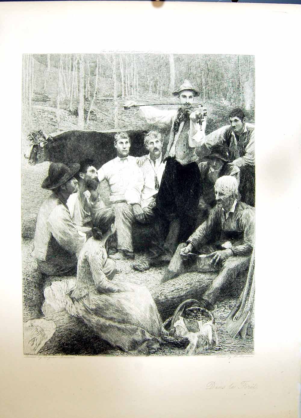 Old Antique Print 1896 Art Journal Dans Le Foret Camp Music Dinner Scene 19th