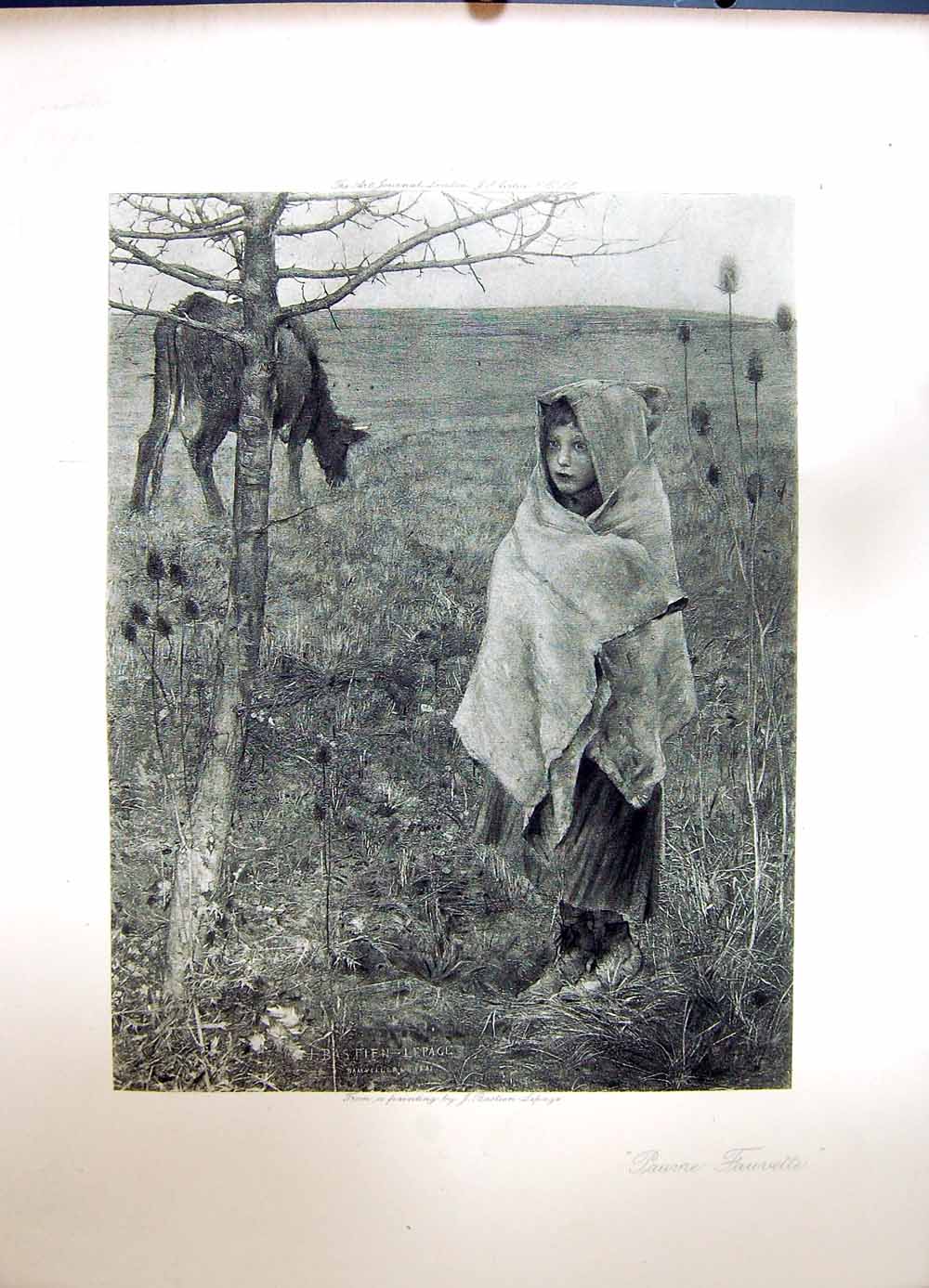 Old Antique Print 1896 Art Journal Pauvre Fauvtte Little Girl Cow Field 19th